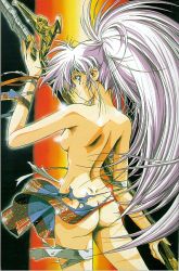 1990s_(style) 1girl ass bandages female_focus legend_of_lemnear lemnear long_hair nude polearm retro_artstyle solo torn_clothes urushihara_satoshi weapon