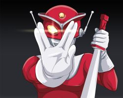 Rule 34 | 1boy, gloves, glowing, glowing eye, grey background, gridman universe, holding, holding weapon, instance domination, parody, redman, redman (character), smile, ssss.dynazenon, tk8d32, tokusatsu, upper body, weapon, white gloves