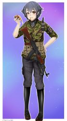Rule 34 | 1girl, akm, ammunition belt, ammunition pouch, artist name, assault rifle, black footwear, black pants, black scarf, blush, boots, border, braid, brown eyes, camouflage, camouflage jacket, closed mouth, commentary, commission, darkpulsegg, eating, english commentary, food, full body, girls und panzer, grey hair, gun, hand on own hip, highres, holding, holding food, holding pizza, holster, jacket, kalashnikov rifle, knife sheath, knife sheath, lips, looking at viewer, pants, patch, pepperoni (girls und panzer), pizza, pizza slice, pouch, rifle, rubber boots, scarf, sheath, short hair, shoulder holster, shoulder patch, simple background, sleeves rolled up, solo, standing, weapon, weapon request, white border