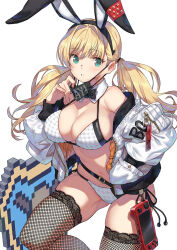 Rule 34 | 1girl, :o, animal ears, bare shoulders, bikini, blonde hair, bow, bowtie, breasts, cleavage, coat, controller, detached collar, feet out of frame, fishnet thighhighs, fishnets, game controller, green eyes, handheld game console, jacket, lace, lace-trimmed legwear, lace trim, large breasts, long hair, long sleeves, mask, mask pull, mouth mask, navel, off shoulder, original, padded coat, padded jacket, rabbit ears, saitou masatsugu, side-tie bikini bottom, solo, string bikini, swimsuit, thighhighs, twintails, two-tone bikini, white background, white jacket