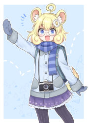 Rule 34 | 1girl, :d, ahoge, backpack, bag, black pantyhose, blonde hair, blue background, blue eyes, blue scarf, border, buttons, camera, camera around neck, chinchilla ears, chinchilla girl, chinchilla tail, coat, cowboy shot, crossed bangs, flower, glasses, hair flower, hair ornament, highres, mikan tabetai, mittens, open mouth, outside border, pantyhose, purple skirt, rameca (show by rock!!), round eyewear, scarf, short hair, show by rock!!, simple background, skirt, smile, solo, standing, white border, white coat