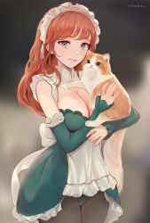 Rule 34 | 1girl, animal, apron, artist name, breasts, cat, chowbie, cleavage, green eyes, highres, holding, holding animal, holding cat, large breasts, looking at viewer, maid apron, maid headdress, medium hair, open mouth, original, pantyhose, red hair, sidelocks, traditional media