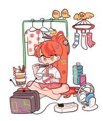 Rule 34 | 1girl, bird, bottle, cable, chick, chopsticks, commentary, cup, dated commentary, dolman (dm), eating, electric fan, food-themed hair ornament, full body, hair ornament, hair spread out, hairpin, high ponytail, holding, holding chopsticks, holding cup, long hair, miniskirt, nissin cup noodle, orange hair, original, pink skirt, radio antenna, shirt, short sleeves, simple background, skirt, solo, sparkle, striped clothes, striped skirt, t-shirt, television, unworn shirt, unworn skirt, unworn socks, vertical-striped clothes, vertical-striped skirt, very long hair, watching television, white background, white shirt, white sleeves, yellow eyes