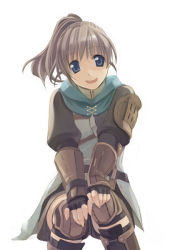 Rule 34 | 00s, 1girl, :d, arm guards, armor, belt, blue eyes, brown hair, cowboy shot, final fantasy, final fantasy xi, hands on own knees, hume, leather, looking at viewer, open mouth, ranger, scarf, short hair, shoulder pads, simple background, sitting, smile, solo, white background