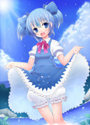 Rule 34 | 1girl, alternate hairstyle, bloomers, blue hair, bow, cirno, clothes lift, dress, dress lift, dutch angle, fisheye, hair bow, short twintails, smile, solo, sumisu (mondo), touhou, twintails, underwear, water, wings