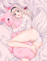 Rule 34 | 1girl, animal ear fluff, animal ears, bare shoulders, barefoot, bed sheet, blade &amp; soul, blonde hair, blue eyes, commission, fang, hair ribbon, hairband, highres, large tail, long hair, lying, lyn (blade &amp; soul), multiple tails, hugging object, on side, open mouth, panties, pillow, pillow hug, rabbit, red ribbon, ribbon, shirt, solo, stuffed toy, susukitten, tail, thighhighs, underwear, white panties, white shirt