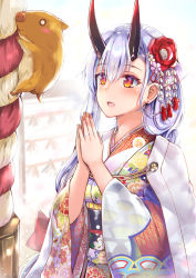 Rule 34 | 1girl, :d, animal, blue sky, blurry, blurry background, blush, boar, chinese zodiac, cloud, cloudy sky, commentary request, day, depth of field, fate/grand order, fate (series), fingernails, floral print, flower, hair between eyes, hair flower, hair ornament, hands up, highres, horns, japanese clothes, jewelry, kimono, konka, long hair, looking at animal, looking away, looking up, nail polish, obi, oni, oni horns, open mouth, orange nails, outdoors, own hands together, palms together, praying, print kimono, purple flower, red eyes, red flower, ring, sash, silver hair, sky, smile, solo, tomoe gozen (fate), white flower, white kimono, year of the pig