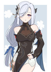 Rule 34 | 1girl, absurdres, bare shoulders, black dress, blue eyes, blush, commentary request, cowboy shot, detached sleeves, dress, genshin impact, grey hair, highres, long hair, long sleeves, looking at viewer, official alternate costume, parted lips, partial commentary, red (redsy2525), shenhe (frostflower dew) (genshin impact), shenhe (genshin impact), sleeveless, sleeveless dress, solo, standing, very long hair