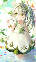 Rule 34 | 1girl, 2others, alternate costume, aranara (genshin impact), braid, commentary request, crown braid, dress, flower bracelet, genshin impact, gradient hair, green eyes, hair between eyes, hair ornament, highres, in water, leaf hair ornament, long hair, looking at viewer, multicolored hair, multiple others, nahida (genshin impact), parted lips, pointy ears, side ponytail, sidelocks, simple background, sleeveless, solo focus, streaked hair, symbol-shaped pupils, two-tone hair, uli (bredkgod), white dress, white hair