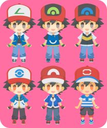 Rule 34 | 6+boys, ash ketchum, baseball cap, black hair, black pants, blouse, blue pants, brown eyes, creatures (company), denim, full body, game freak, grey eyes, hat, jeans, male focus, multiple boys, multiple persona, nintendo, pants, pokemon, pokemon (anime), pokemon (classic anime), pokemon bw (anime), pokemon dppt (anime), pokemon rse (anime), pokemon sm (anime), pokemon xy (anime), purple background, rizu (rizunm), shirt, simple background, standing, striped clothes, striped shirt, wristband