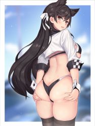 Rule 34 | 1girl, animal ears, ass, atago (azur lane), atago (stunning speedster) (azur lane), azur lane, backboob, bikini, black bikini, black hair, black panties, black thighhighs, blurry, blurry background, blush, border, breasts, brown eyes, butt crack, cowboy shot, cropped jacket, from behind, hair ribbon, hand on own ass, jacket, large breasts, long hair, looking at viewer, looking back, mole, mole under eye, nidy, open mouth, outside border, panties, race queen, ribbon, sidelocks, skindentation, sleeves rolled up, solo, swept bangs, swimsuit, thighhighs, underwear, upper body, white border, white jacket, white ribbon, wrist cuffs