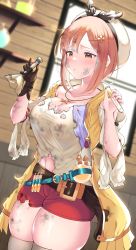 Rule 34 | 1girl, absurdres, artist request, atelier (series), atelier ryza, bare shoulders, blush, breasts, brown eyes, brown hair, burnt clothes, embarrassed, flask, hair ornament, hair ribbon, hairclip, hat, highres, large breasts, looking down, red shorts, reisalin stout, ribbon, shiny skin, short hair, short shorts, shorts, solo, soot, test tube, thick thighs, thighhighs, thighs, torn clothes, vest