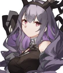 Rule 34 | 1girl, arknights, bare shoulders, black hairband, black horns, black shirt, breasts, colored inner hair, fake horns, from side, goma 74umai, hair between eyes, hairband, highres, horns, large breasts, long hair, looking at viewer, multicolored hair, pink eyes, portrait, purple hair, shirt, sidelocks, simple background, sleeveless, sleeveless shirt, solo, typhon (arknights), white background