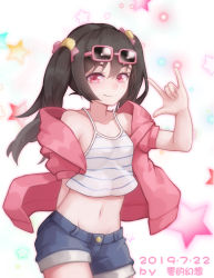 Rule 34 | 1girl, artist name, artist request, bare shoulders, black hair, blue pants, blue shorts, blush, bow, denim, denim shorts, eyewear on head, female focus, glasses, hair ornament, highres, jacket, long hair, looking at viewer, love live!, love live! school idol festival, love live! school idol project, midriff, navel, open clothes, open jacket, pants, purple jacket, red bow, red eyes, shirt, shoes, short pants, short shorts, shorts, smile, solo, star (symbol), striped clothes, striped shirt, twintails, v, white background, yazawa nico