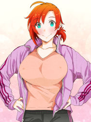 Rule 34 | 1girl, 41 (taskmaster41), ahoge, boudica (fate), breasts, collarbone, covered erect nipples, fate (series), green eyes, hands on own hips, highres, jacket, large breasts, looking at viewer, ponytail, raised eyebrows, red hair, short hair, smile, solo