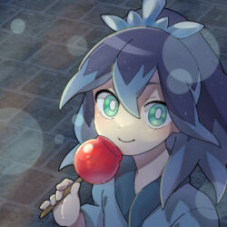 Rule 34 | 1girl, aqua eyes, blue hair, blue kimono, candy apple, food, from above, fubukihime, high ponytail, japanese clothes, kimono, long hair, looking at viewer, lowres, multicolored hair, purple hair, smile, solo, traditional youkai, two-tone hair, udon (user xdru2427), youkai (youkai watch), youkai watch, yuki onna