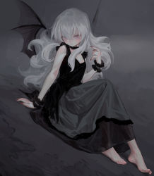 Rule 34 | 1girl, alternate color, alternate hair color, alternate hair length, alternate hairstyle, arm support, artist name, bare shoulders, barefoot, bat wings, black dress, breasts, closed mouth, commentary, dress, dutch angle, fingernails, fkey, frills, looking at viewer, no headwear, no headwear, on ground, pale skin, pink eyes, remilia scarlet, sharp fingernails, simple background, sitting, sleeveless, small breasts, solo, touhou, white hair, wings, wrist cuffs