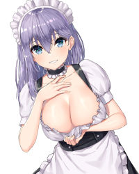 Rule 34 | 1girl, apron, bad id, bad twitter id, black choker, blush, breasts, choker, cleavage, collarbone, commentary request, copyright request, frilled choker, frills, grin, hair between eyes, large breasts, long hair, looking at viewer, maid, maid day, maid headdress, parted lips, pensuke, puffy short sleeves, puffy sleeves, purple hair, short sleeves, simple background, smile, solo, teeth, waist apron, white apron, white background