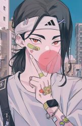 Rule 34 | 1boy, bad id, bad twitter id, baji keisuke, bandaid, bandaid on face, black hair, bracelet, brown eyes, blowing bubbles, building, chewing gum, city, clqndb 27, day, hand up, headband, highres, jewelry, long hair, looking at viewer, male focus, outdoors, ponytail, shirt, smartwatch, solo, sticker, tokyo revengers, tsurime, upper body, v, watch, white headband, white shirt, wristwatch