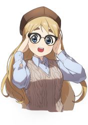 Rule 34 | 1girl, absurdres, aran sweater, blonde hair, blue eyes, blue shirt, brown hat, brown sweater vest, cable knit, collared shirt, commentary request, cropped torso, glasses, hands up, hat, highres, k-on!, kicchi (tmgk), kotobuki tsumugi, long hair, long sleeves, open mouth, shirt, smile, solo, sweater, sweater vest, teeth, thick eyebrows, upper body, upper teeth only, white background