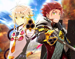 Rule 34 | 2boys, aiming, aiming at viewer, back-to-back, blurry, blurry background, coat, day, dragoon (sekaiju), dragoon 1 (sekaiju), ear ornament, etrian odyssey, gloves, grin, hair between eyes, looking at viewer, mizuchaya youkan, multiple boys, outdoors, pepperbox revolver, pointy ears, red hair, sekaiju no meikyuu, sekaiju no meikyuu 5, shield, smile, upper body, warlock (sekaiju), warlock 1 (sekaiju), white coat, white gloves, white hair, yellow eyes