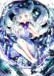 Rule 34 | 1girl, :d, crystal, feathers, gawako, highres, long hair, looking at viewer, open mouth, original, purple eyes, smile, solo, white hair