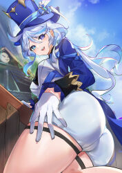 Rule 34 | 1girl, ahoge, aqua eyes, ass, ass focus, blue eyes, blue hair, blush, breasts, cameltoe, coat, from below, from side, furina (genshin impact), genshin impact, gloves, haruto miyano, hat, heterochromia, highres, long hair, looking at viewer, looking down, medium breasts, multicolored hair, open mouth, short shorts, shorts, smile, solo, streaked hair, thigh strap, two-tone hair, very long hair, white hair