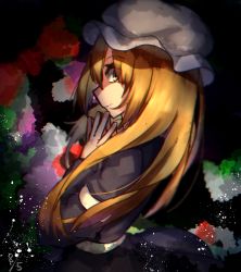 Rule 34 | 1girl, abstract, abstract background, bad id, bad pixiv id, belt, black dress, black shirt, black sleeves, blonde hair, closed mouth, colorful, dark, dress, eyebrows, fingers together, from behind, hat, headwear request, highres, long sleeves, looking at viewer, looking back, maribel hearn, medium hair, mob cap, mozuno (mozya 7), open mouth, puffy long sleeves, puffy sleeves, shirt, smile, solo, touhou, white belt, white hat, yellow eyes