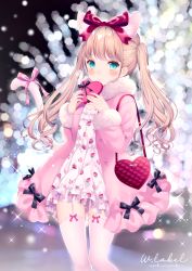Rule 34 | 1girl, animal ear fluff, animal ears, bag, black bow, blue eyes, blurry, blurry background, blush, bow, box, cat ears, closed mouth, coat, commentary request, depth of field, dress, food print, fur-trimmed coat, fur-trimmed sleeves, fur trim, garter straps, gift, gift box, hair bow, hands up, heart-shaped bag, heart-shaped box, holding, holding gift, light smile, long hair, long sleeves, open clothes, open coat, original, pink coat, print dress, red bow, short dress, shoulder bag, signature, solo, sparkle, strawberry print, thighhighs, twintails, valentine, wasabi (sekai), white dress, white thighhighs