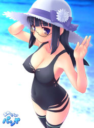 Rule 34 | 1girl, aoi kumiko, arin, black hair, blue eyes, breasts, casual one-piece swimsuit, cleavage, covered erect nipples, glasses, hand on headwear, hat, large breasts, navel, one-piece swimsuit, outdoors, pangya, solo, straw hat, sun hat, swimsuit, thighhighs, water, waving