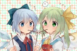 Rule 34 | 2girls, ?, ascot, blue dress, blue eyes, blue hair, blush, bow, checkered background, cirno, collared shirt, daiyousei, dress, food, food in mouth, green eyes, green hair, hair bow, holding, holding food, holding pocky, ice, ice wings, koma midori, long hair, multiple girls, neck ribbon, pocky, pocky day, pocky in mouth, ribbon, shirt, short hair, side ponytail, spoken question mark, touhou, upper body, v-shaped eyebrows, white shirt, wings, yellow ascot, yellow bow