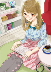Rule 34 | 1girl, :d, armchair, blue shirt, blush, book, breasts, brown-framed eyewear, brown eyes, brown hair, chair, collarbone, collared shirt, commentary request, cup, diagonal stripes, floral print, glasses, grey pantyhose, indoors, long hair, long sleeves, looking at viewer, medium breasts, miyabi akino, open book, open mouth, original, pantyhose, pink skirt, print pantyhose, print shirt, puffy long sleeves, puffy sleeves, round eyewear, saucer, shirt, skirt, smile, solo, striped clothes, striped skirt, table, wooden floor