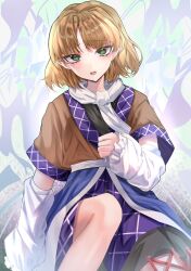 Rule 34 | 1girl, abstract background, arm warmers, black shirt, blonde hair, blush, brown shirt, commentary request, feet out of frame, flat chest, green eyes, highres, knee up, looking at viewer, medium bangs, mizuhashi parsee, nyarocks, open mouth, pointy ears, raised eyebrows, sash, scarf, shirt, short hair, short sleeves, solo, touhou, undershirt, white background, white sash, white scarf