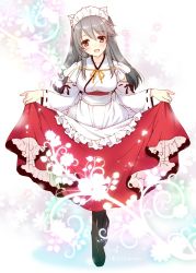 Rule 34 | 1girl, :d, alternate costume, apron, black footwear, black hair, boots, breasts, clothes lift, detached sleeves, enmaided, full body, hair ornament, hairclip, haruna (kancolle), kantai collection, large breasts, long hair, long skirt, looking at viewer, maid, maid apron, maid headdress, open mouth, red skirt, shigunyan, skirt, skirt lift, smile, solo, thigh boots, thighhighs, wa maid