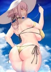 Rule 34 | 1girl, ass, aster crowley, bikini, braid, braided ponytail, breasts, butt crack, chaldea lifesavers, fate/grand order, fate (series), florence nightingale (chaldea lifesavers) (fate), florence nightingale (fate), from behind, hat, highres, huge breasts, lipgloss, long braid, long hair, looking at viewer, looking back, pink hair, red eyes, side-tie bikini bottom, single braid, solo, string bikini, sun hat, swimsuit, white hat, yellow bikini