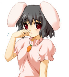 Rule 34 | 1girl, :o, animal ears, black hair, blush, carrot necklace, dress, female focus, inaba tewi, jewelry, looking at viewer, maroppe, necklace, parted lips, pink dress, puffy short sleeves, puffy sleeves, rabbit ears, red eyes, rubbing eyes, short sleeves, simple background, solo, tears, touhou, white background
