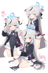 Rule 34 | 1girl, absurdres, animal ears, black dress, black jacket, black socks, blue archive, breasts, brown eyes, china dress, chinese clothes, closed eyes, dress, full body, grey hair, halo, highres, jacket, kokona (blue archive), long hair, looking at viewer, measho, miniskirt, multicolored hair, multiple views, no shoes, off shoulder, one eye closed, sitting, skirt, sleeveless, sleeveless dress, small breasts, socks, solo, streaked hair, striped clothes, striped dress, tiger ears, tiger girl, vertical-striped clothes, vertical-striped dress, very long hair, wariza, white skirt