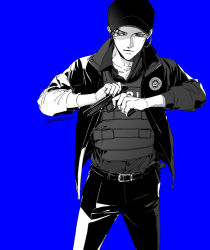 Rule 34 | 1boy, akai shuuichi, bad id, bad pixiv id, belt, blue background, blue theme, bulletproof vest, collared shirt, cowboy shot, fbi, gun, holding, holding gun, holding weapon, jacket, looking to the side, male focus, meitantei conan, monochrome, mrc-k, open clothes, open jacket, parted lips, shirt, simple background, solo, standing, twitter username, weapon