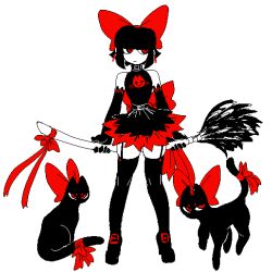 Rule 34 | 1boy, 2animals, animal, back bow, belt, belt buckle, black cat, black gloves, black hair, bow, broom, buckle, cat, choker, cibastion, earrings, full body, garter straps, gloves, goth fashion, hair bow, head bow, holding, holding broom, jewelry, long glove, male focus, original, red bow, red eyes, ribbon, scythe (cibastion), short hair, skirt, sleeveless, tail, tail bow, tail ornament, thighhighs, trap