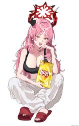 Rule 34 | 1girl, absurdres, bag of chips, black shirt, blue archive, breasts, crop top, crossed legs, halo, highres, horns, large breasts, lay&#039;s (potato chips), looking at viewer, ohw8g, open clothes, orange eyes, pants, pink eyes, pink hair, red halo, satsuki (blue archive), shirt, simple background, sitting, sleeveless, sleeveless shirt, slippers, smile, solo, teeth, tongue, upper teeth only, white background, white pants