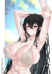 Rule 34 | absurdres, amai-pai, armpits, arms up, artist name, azur lane, bikini, black hair, blurry, blurry background, breasts, criss-cross straps, highres, huge breasts, long hair, looking at viewer, official alternate costume, red eyes, skindentation, swimsuit, taihou (azur lane), taihou (seaside daydreams) (azur lane), upper body, very long hair, wet, white bikini