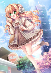 Rule 34 | 1girl, blonde hair, blue sky, boots, bow, brown bow, brown footwear, brown skirt, bubble tea, building, cloud, cloudy sky, collared shirt, commentary request, cup, day, disposable cup, dress, drinking straw, food, frilled boots, frilled footwear, frilled skirt, frills, green eyes, grey dress, high heel boots, high heels, highres, holding, holding cup, holding food, long hair, long sleeves, original, outdoors, petals, pleated skirt, sakurano ru, sandwich, shirt, sign, single hair intake, skirt, sky, skyscraper, sleeveless, sleeveless dress, solo, standing, standing on one leg, striped, striped bow, tree, very long hair, wavy hair, white shirt