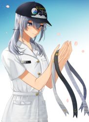 Rule 34 | 1girl, alternate costume, anchor symbol, baseball cap, black hat, blush, breasts, buttons, clothes writing, commission, eyelashes, hair between eyes, hat, highres, holding, holding headband, kantai collection, long hair, machi (ritovoyage), military, military uniform, name tag, naval uniform, petals, purple eyes, short sleeves, silver hair, simple background, skeb commission, solo, suzutsuki (kancolle), twitter username, uniform