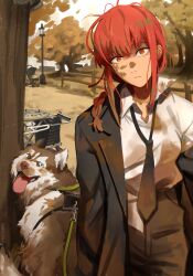 Rule 34 | 1girl, 1other, absurdres, black jacket, black necktie, black pants, braid, chainsaw man, climbing, commentary, cowboy shot, dirty, dirty clothes, dog, fence, highres, jacket, khyle., lamppost, leash, long hair, makima (chainsaw man), necktie, open clothes, open jacket, orange eyes, pants, red hair, shirt, shoe soles, solo, standing, stroller, tree, wheelchair, when you see it, white shirt
