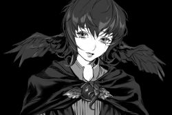 Rule 34 | 1girl, black background, brooch, capelet, crying, crying with eyes open, feathered wings, final fantasy, final fantasy xiv, greyscale, head wings, highres, jewelry, kirakirapu, looking at viewer, meteion, monochrome, open mouth, portrait, sad, short hair, simple background, solo, spoilers, tears, wings