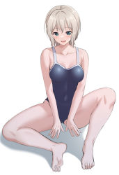 Rule 34 | 1girl, aoba moca, aqua eyes, armpit crease, bang dream!, bare arms, bare legs, bare shoulders, barefoot, blue one-piece swimsuit, blush, breasts, collarbone, commentary request, covered navel, full body, grey hair, hair between eyes, highres, knee up, large breasts, looking at viewer, one-piece swimsuit, open mouth, ptal, school swimsuit, shadow, short hair, simple background, sitting, smile, soles, solo, spread legs, swimsuit, thighs, v arms, white background