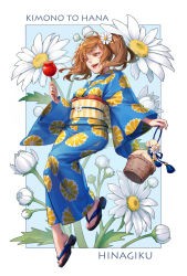 Rule 34 | 1girl, absurdres, blue kimono, blush, floral print, flower, hair flower, hair ornament, highres, japanese clothes, kimono, lips, maple, maple (maplehy), obi, open mouth, original, sash, school uniform, solo, twintails, yukata