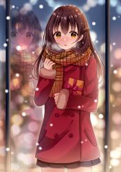 Rule 34 | 1girl, bad id, bad pixiv id, black skirt, blush, box, brown eyes, brown hair, brown scarf, coat, commentary request, cowboy shot, fringe trim, fur-trimmed sleeves, fur trim, gift, gift box, hair between eyes, hair ornament, hairclip, hugging object, long sleeves, looking at viewer, original, parted lips, pleated skirt, red coat, reflection, sakura hiyori, scarf, skirt, sleeves past wrists, snowing, solo, standing
