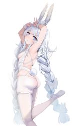 Rule 34 | 1girl, absurdres, animal ear fluff, animal ears, armpits, arms up, ass, azur lane, blue eyes, braid, breasts, butt crack, chinese commentary, commentary request, fake animal ears, from behind, high heels, highres, le malin (azur lane), le malin (listless lapin) (azur lane), leg up, leotard, long hair, looking back, mian bing fow me, official alternate costume, pantyhose, penetration gesture, playboy bunny, rabbit ears, rabbit tail, shoes, sideboob, silver hair, simple background, small breasts, solo, standing, standing on one leg, tail, thigh strap, thighs, twin braids, twintails, very long hair, white background, white footwear, white leotard, white pantyhose, wrist cuffs