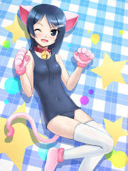 Rule 34 | 00s, 1girl, animal ears, animal hands, bad id, bad pixiv id, bell, blue eyes, blue hair, blush, breasts, cat ears, cat paws, cat tail, collar, gloves, hair ornament, hairclip, idolmaster, idolmaster dearly stars, jingle bell, matching hair/eyes, mizutani eri, neck bell, one-piece swimsuit, one eye closed, paw gloves, school swimsuit, short hair, small breasts, solo, swimsuit, tail, thighhighs, totokichi, wink